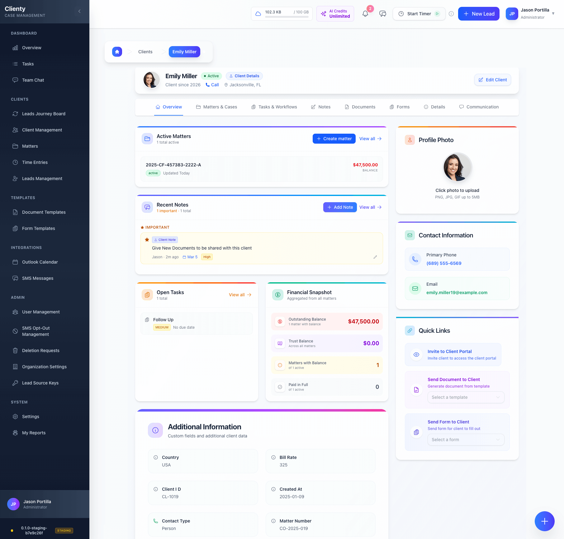 Clienty legal practice management dashboard showing client management, case tracking, billing, and AI document generation